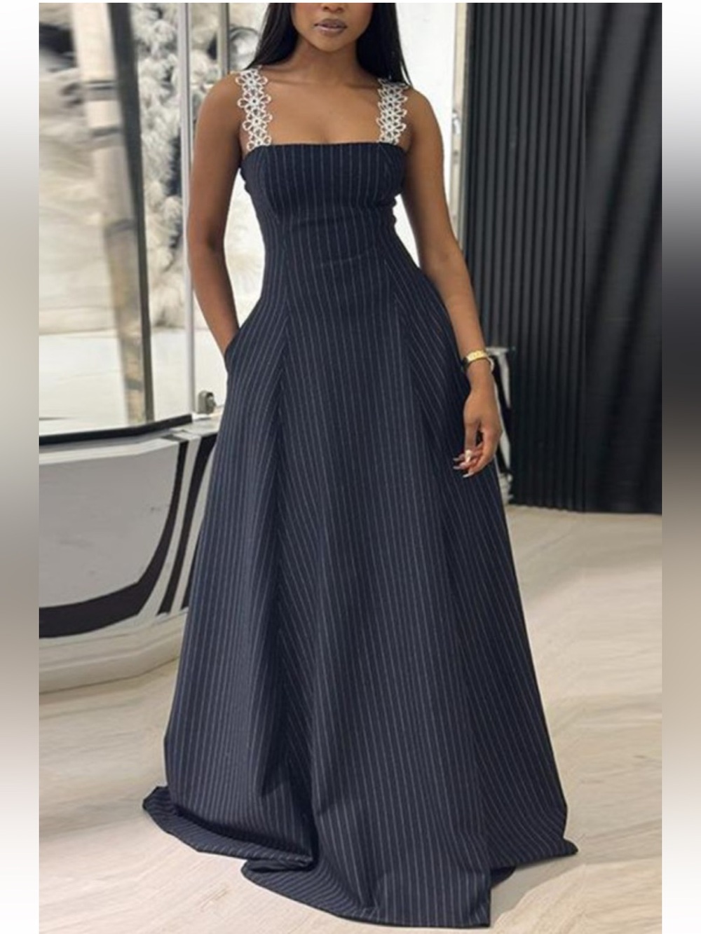 NWT Navy Pinstripe Maxi Dress with Lace Straps